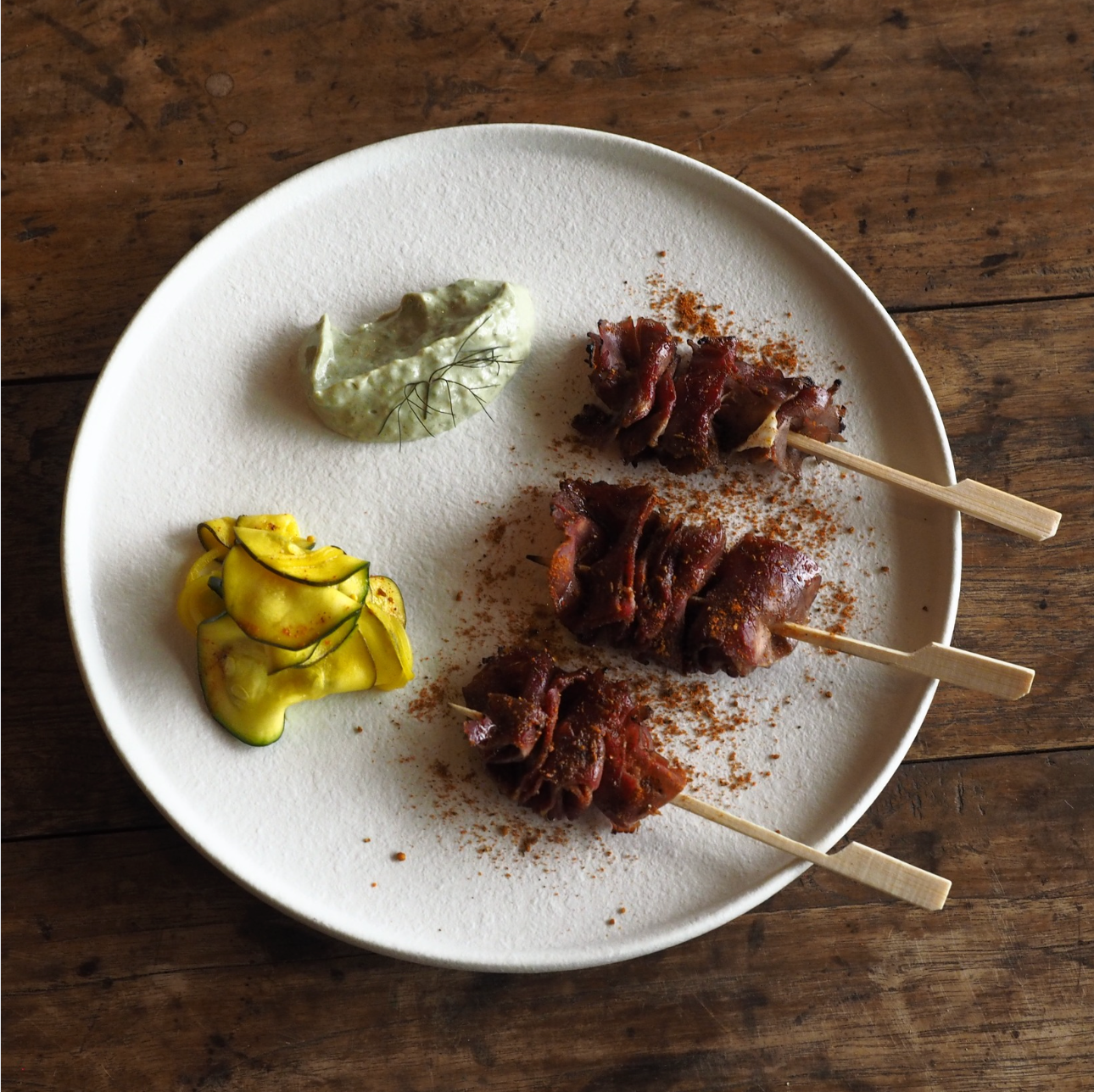 Lamb Pastrami Skewers with Zucchini Pickle + Spring Onion Emulsion